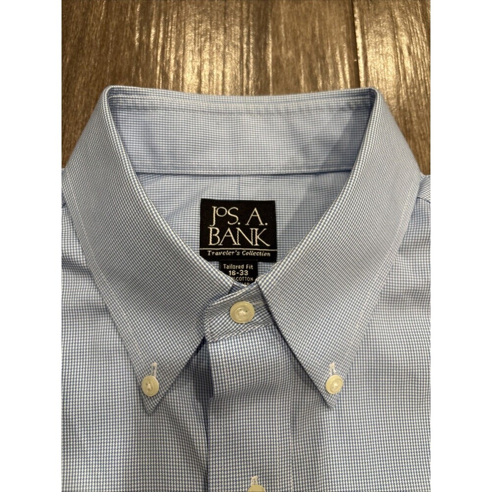 Jos A Banks‎ Travelers Long Sleeve Dress Shirt Blue Houndstooth Size 16/33 EUC